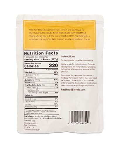Real Food Blends Eggs, Apples & Oats - Pureed Food Meals for Tube Feeding with Protein, Vegetables & Fruits - 320 Calories for Breakfast, Lunch & Dinner - 9.4 oz (Pack of 12)