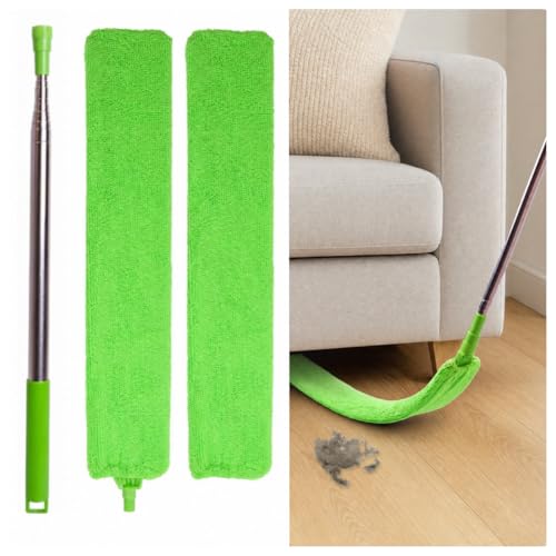 Retractable Gap Dust Cleaner Under Appliance Cleaning Tool Flat Duster for Under Refrigerator Fridge Stove Couch Bed Skinny Thin Duster for Tight Spaces (Green)