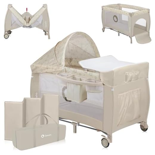 lionelo Sven Plus boîte 2 en 1 lit bébé, Table à Langer, Jouets, baldaquin Suspendu avec moustiquaire, entrée latérale supplémentaire Rouleaux, Mobiles (Beige Latte, 1 Unité (Lot de 1))