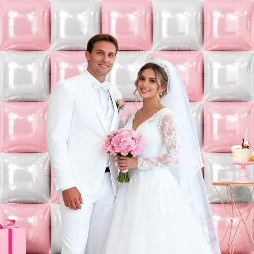 NISOCY 25PCS Pearl Pink and White Square Foil Balloons Wall Backdrop by NISOCY - Used condition - Image 7