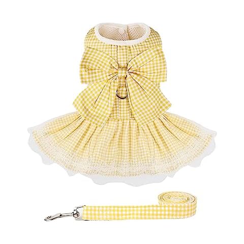 Dog Dress Plaid with Bowknot Cute Dress for Small Dog Cat Puppy Outfits with Harness Leash（ Yellow，Large ） Cover