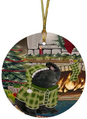 Santa Sled Dogs Belgian Shepherd Christmas Round Flat Ornament - Pet Decorative Hanging Ornaments for Christmas X-mas Tree Decorations - 2.75" Round Flat Ceramic Christmas Ornament POR1558