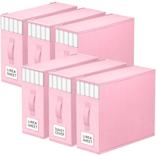 Image of StorageTastic 6 Pack Bed Sheet Closet Organizers and Storage,Sturdy Foldable Storage Containers with Window and Label,Storage and Organization for Bedding Sheets,Duvet Covers,Blankets (Pink)