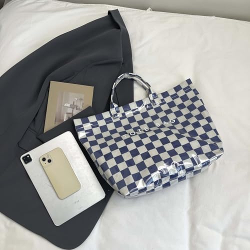 Image of Lushandy Striped PVC Tote Bag for Women, Waterproof Plastic Tote Bag for Beach Pool Large Top Handle Travel Hobo Handbag