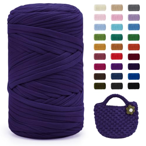 JeogYong T-Shirt Yarn, 400g/131 Yards Elastic Fabric Crochet Cloth T Shirt Yarn, Thick Hand Knitting Polyester Fabric Ribbon for Crocheting Bags/Baskets/Rugs, Home Decor, DIY Crafts (Violet)