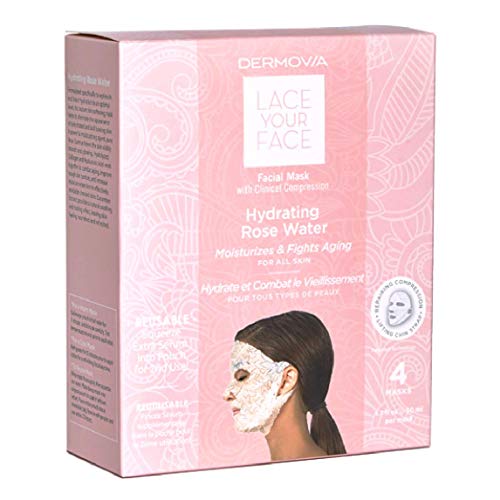 LACE YOUR FACE Patented Compression Facial Mask, AS SEEN ON SHARK TANK, Reusable Biodegradable Cotton Anti Aging Skin Care, Hydrating Rose Water, 4 pack