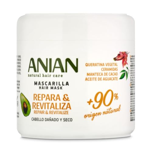 ANIAN - Mascarilla Repara y Revitaliza, 350 ml, para Pelo Seco y Dañado, Hidrata y Fortalece el Cabello, Controla el Encrespamiento, con Aceite de Aguacate, Manteca de Cacao y Queratina Vegetal
