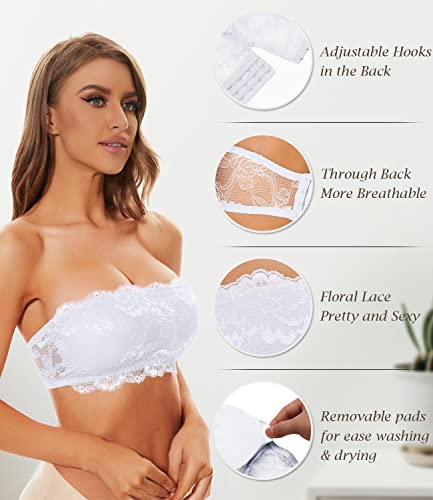 Bandeau Bra For Women Floral Lace Bralette Seamless Tube Top Strapless Padded Chest Wrap Basic Layer With Clear Strap (White, Large) #TOP1