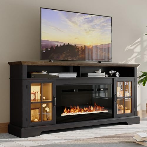 , Farmhouse Entertainment Center For Tvs Up To 80", Tv Console With Storage Cabinets, Media Console For Living Room, Black Tv Stand And Black Fireplace