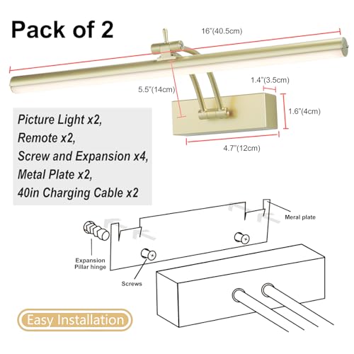 Image of Yuichoy 2 Pack Picture Light Battery Operated for Wall, 16 inch Wireless Display Art Lighting for Painting with Remote, Dimmable 5200mAh Picture Frame Lights for Gallery, Antique Brass