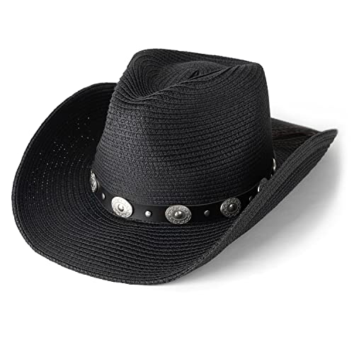 Lisianthus Straw Cowboy Hat for Women & Men Western Cowgirl Hat with Wide Brim Silver-Black