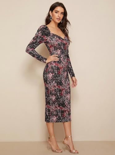 Image of LONDON BELLY Women's Poly Cotton Midi Bodycon Dress with Full Sleeves Sweet Heart Neck Printed Pattern Body Fitted and Calf Length | Women Midi Dress | Casual Party Summer for Womans