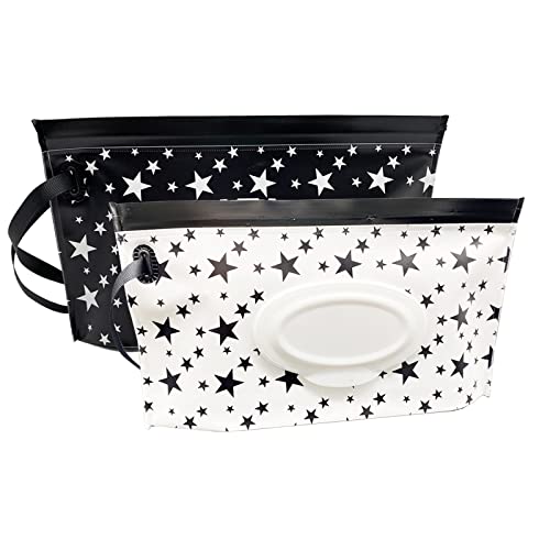 Image of VOONGOR Portable Refillable Wet Wipe Pouch, Reusable Travel Wipes Holder & Case, Lightweight Flushable Diaper Wipes Container for Baby (Black & White Star)