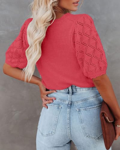 Image of Womens Short Sleeve Sweaters Crewneck Knit Pullover Tops 2025 Summer Casual Lightweight Crochet Blouse Shirt