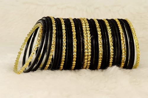 Image of NMII Premium Glass & Golden Beads Velvet Bangle Set For Women and Girls | Velvet Chudi | Traditional Chudi Set | Designer Girl's Bangles Bracelet | Wedding, Party, Festive, Daily- Set of 34