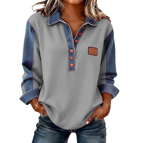 Lovraj Sudadera de manga larga para mujer, diseño de patchwork, con solapa, parte superior con botones