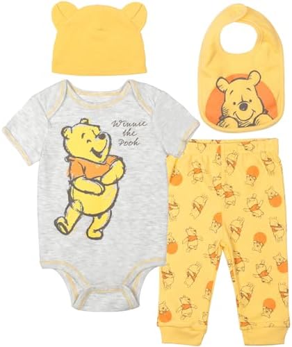Disney Winnie The Pooh Baby Boys Girls Layette Set: Bodysuit Pants Bib Hat