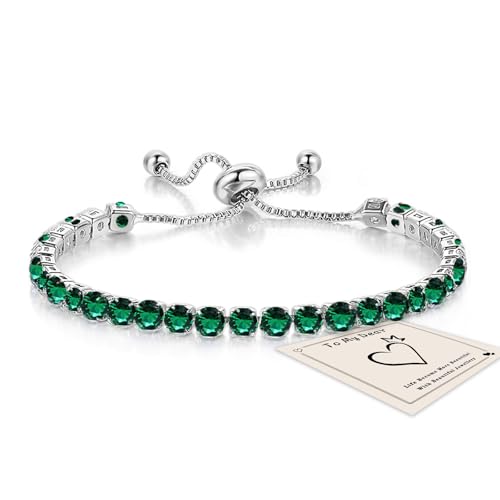 Image of Green Tennis Bracelets for Women, Sterling Silver Bracelet Adjustable Diamond Green Bracelets Silver Crystal Friendship Bracelet, Cubic Zircona Ladies Jewllery Birthday Gifts for Her