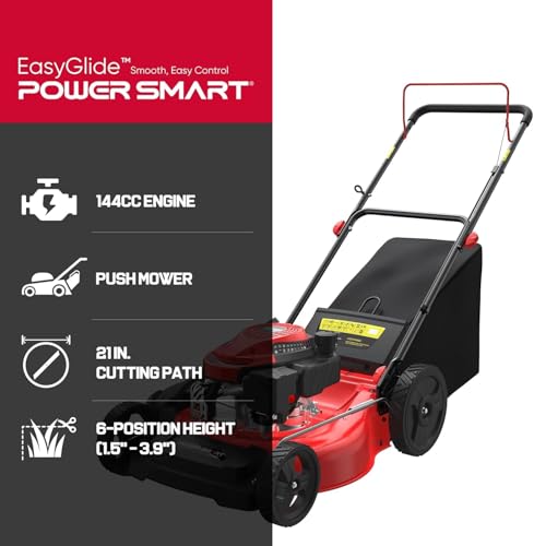 Image of PowerSmart EasyGlide 21-inch 144cc Push Gas Lawn Mower, 3-in-1 Mulch /Bag /Side Discharge, Steel Deck, 6 Height Adjustment