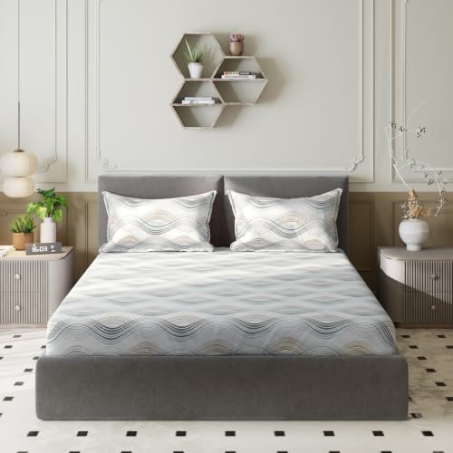 Image of Amazon Basics - 100% Cotton Fitted Bedsheet | 144TC |Fitted Queen Bed Sheet with 2 Pillow Cover|Soft Cotton | Geometric Print | 78 Inch x 60 Inch - 8 Inch Drop, Beige