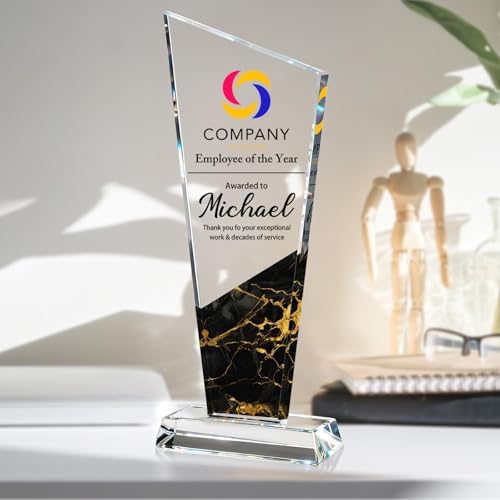 Personalized Crystal Trophy Award - Custom Plaque Award with Text Logo Photo - Employee Recognition Awards and Trophies - Corporate, Sports, Academic Events, Retirement, Thank You Gifts (Black Gold)