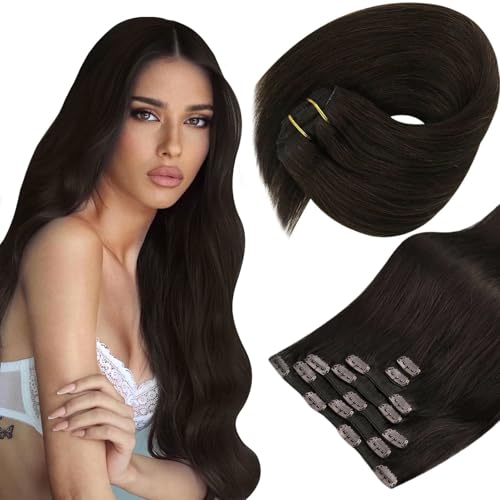 Sunny Hair - Sunny Hair Clip in Hair Extensions for Women Remy Human Hair Extensions Clip in Human Hair Extensions Straight Human Hair Clip in Extensions 16inch Dark Brown 7pcs 120g