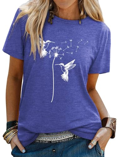 WIEIYM Damen-T-Shirt mit Löwenzahn-Motiv, lässiges Sommer-Top, blau, L