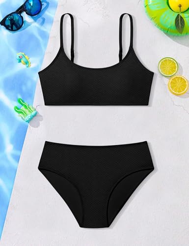 Image of Girls Swimsuit V Neck Bikini Set Color Block with Cover Up 3Pcs Bathing Suits