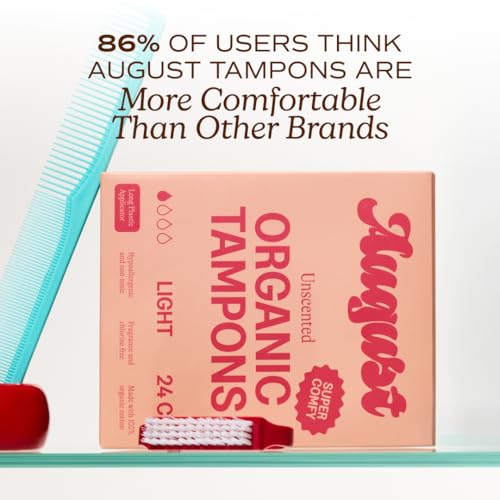 Image of August Light Tampons - Easy-Glide Long Applicators - 24-Pack 100% Organic Cotton Tampons for Women, Non-Toxic, Fragrance-Free, and Hypoallergenic