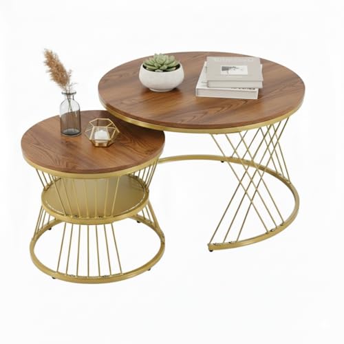 Image of The Round Coffee Table and The Stacking Tea Table with a Gold Metal Frame are Two Versatile Modern Center Tables that Look Great in Living Rooms (X Brown Gold)
