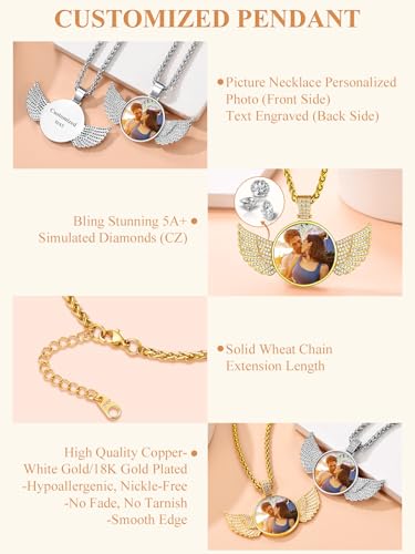 Custom4U Hip Hop Jewelry Custom Picture Necklace Personalized Angel Wings Pendant Photo Engraved Gift for Men - Thumbnail 5