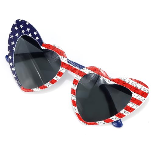 Fourth of July Sunglasses for Women USA Accessories, Heart American Flag Glasses for Patriotic Outfits, Red White and Blue Sunglasses for Men 4th of July Gifts