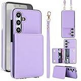 Asuwish Phone Case for Samsung Galaxy S24 FE 5G Wallet Cell Cover with Tempered Glass Screen Protector Wrist Crossbody Strap RFID Blocking Stand Credit Card Holder S 24 EF AI S24FE 24S Women Purple
