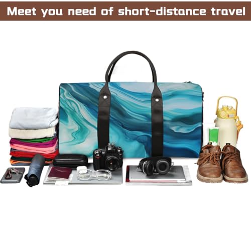 Abstract Blue Green Marble Pattern Travel Duffel Bag Sports Tote Gym Bag Waterproof Tear-Resistant Carry On Overnight Bag Foldable Weekender Bag for Gym Travel Getaway Beach Sports4