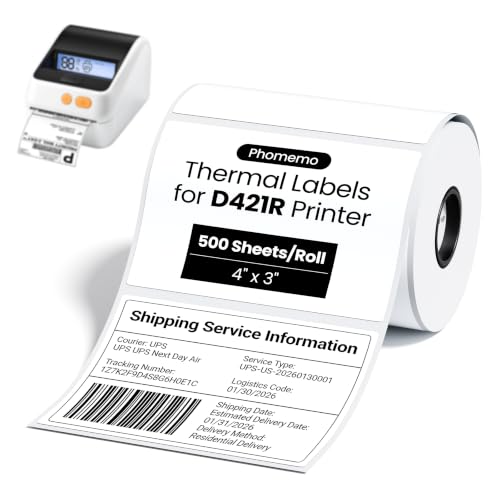 Image of Phomemo 4 inchx3 inch Thermal Shipping Labels, White, 500 Sheets Per Roll