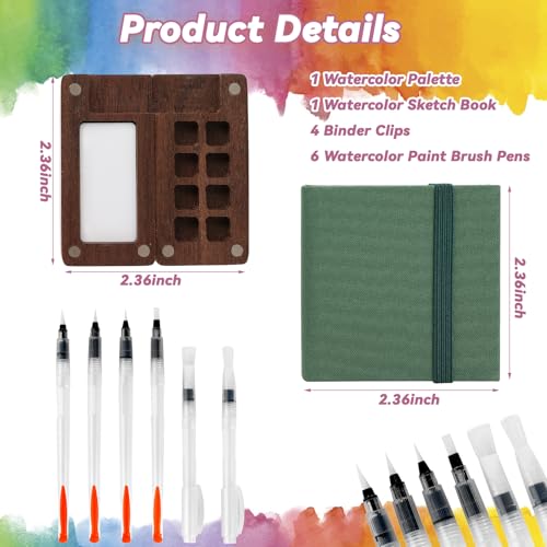 Mini Watercolor Palette Travel Paint Set Portable Painting Kit with Wooden Grid Tiny Paint Box Watercolor Paper Pad Sketch Book Brush Pens Binder Clips for Artists Painters Students (Pine Green)