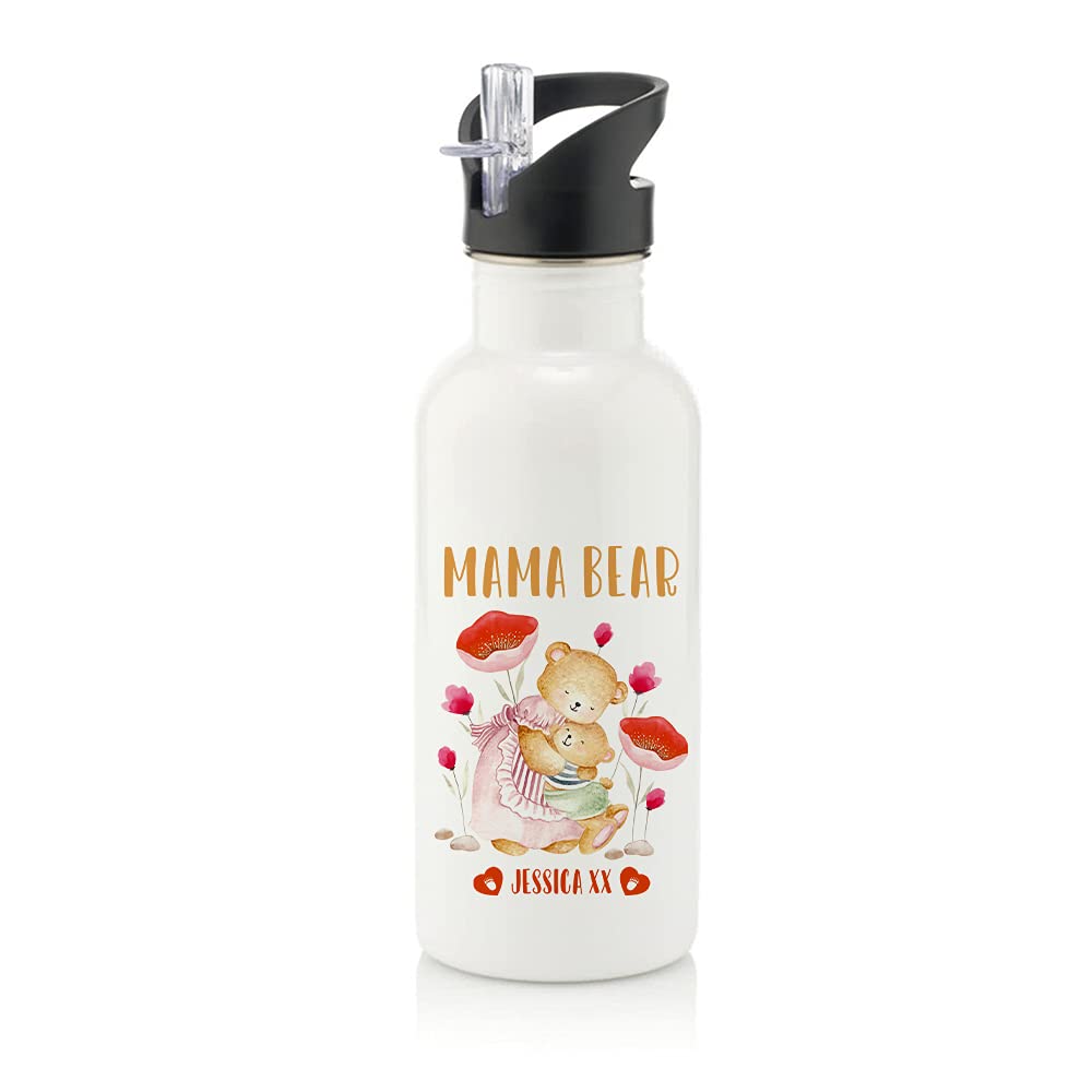 Getagift White Personalised Any Name Mama Bear Gift For Her, Mum, God Mother, Step Mom, Mummy, Mother’s Day, Mom’s Birthday Present, Stainless Steel 600Ml Water Bottle With Straw. (White)