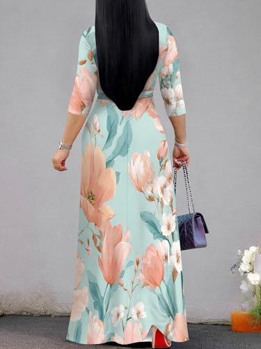 Image of SUZONANA Plus Size Dresses for Women Floral Print Maxi Dress Flowy 3 /4 Sleeve with Belt