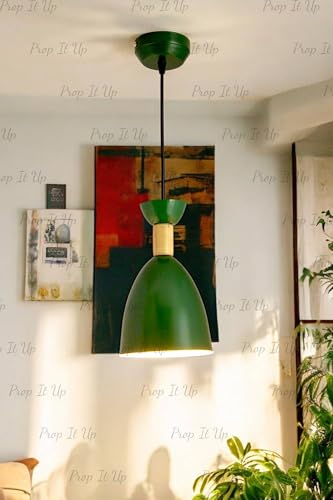 Image of Prop It Up Modern Pendant Light, Green Bell-Shaped Shade, Wooden Accent, Ceiling Mount, Without Bulb