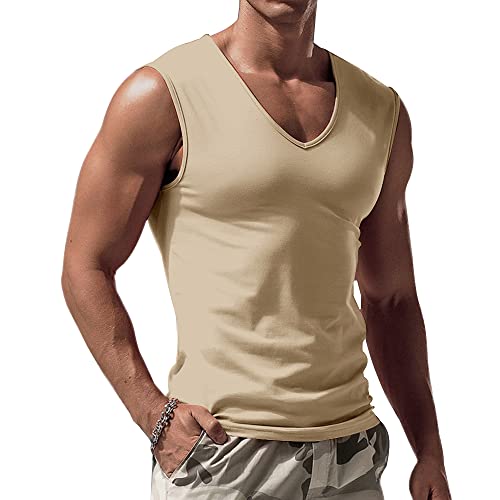 Ziwoch Men's V Neck Athletic Solid Sleeveless T-Shirt Khaki #TOP18
