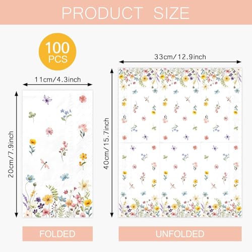 100PCS Spring Wildflower Paper Napkins Disposable Bathroom Hand Towels Green Wild Floral Guest Napkins Decorative Dinner Napkins for Spring Home Holiday Party Supplies by Aysimple - Image 2