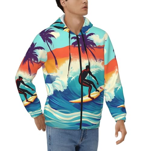 Sweat à capuche hawaïen zippé homme à motif ondulé et cordon