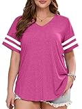 BELAROI Plus Size V Neck T Shirts Women Striped Short Sleeve Tops Casual Summer Casual Tshirts Loose Fit Tunics Tee Blouses (4X, D-Rose Red)