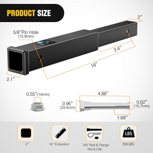 Image of Nilight Trailer Hitch Extender 18 Inch Extension Length Fits for 2 Inch Receiver Tube with 5 /8 Inch Stainless Steel Bolt Flange Nut and Clip 3,500 LBS GTW Matte Black