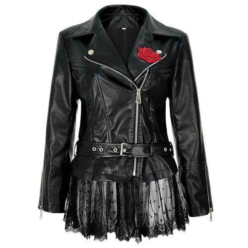 Women's faux leather lace moto jacket with Peplum rose vintage riding coat