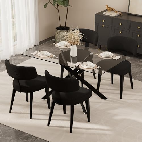 KATBOC Dining Table Set for 4, 5-Piece Kitchen Dining Room Table Set, 47.2" Glass Rectangular Dining Table with 4 Luxury Teddy Boucle Dining Chair(All Black)