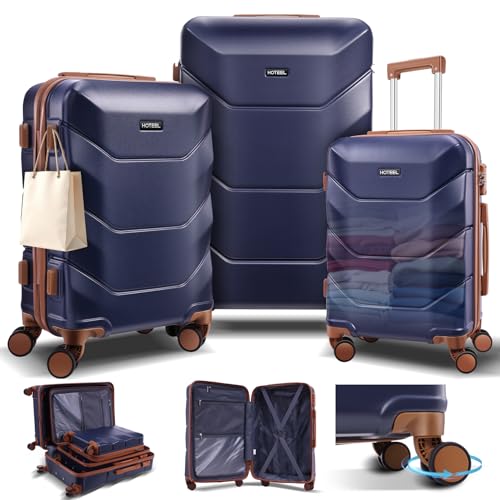 Hoteel 3-Piece Luggage Set with Spinner Wheels, Durable Carry On Suitcase Luggage with TSA Lock, Portable Lightweight ABS Luggages for Travel, Blue