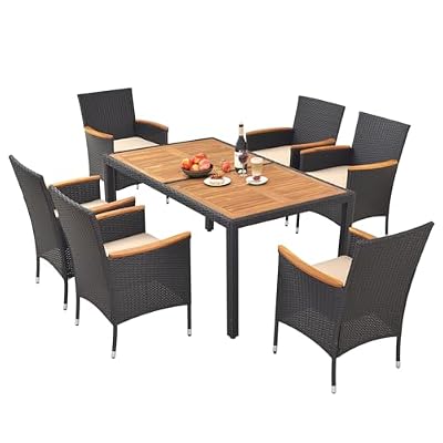 HAPPYGRILL 7 Pieces Outdoor Dining Set, Patio Conversation Set with Umbrella Hole, Acacia Wood Tabletop & Seat Cushions, Dining Table with 6 Rattan Wicker Chairs for Backyard Poolside Deck