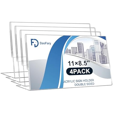 Daofary Acrylic Sign Holder 11x8.5, L Shape Clear Sign Holder Plastic Paper Holder Slant Back Sign Holders inches Sign Holder Plastic Display Stand for Office, Store, 4 Pack Cover