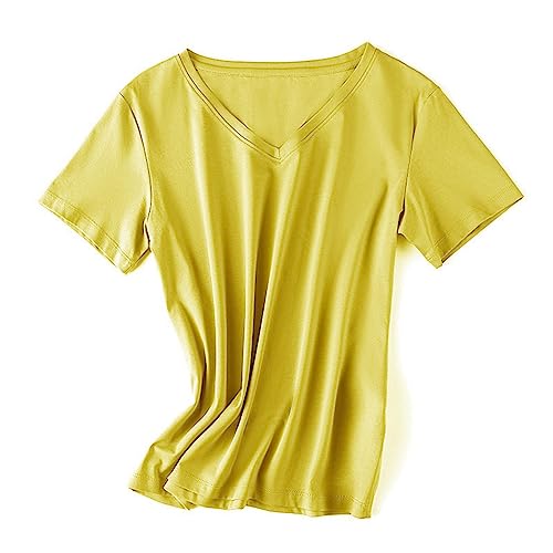 T-shirt coton col en V femme mode d'été jaune coupe slim fit